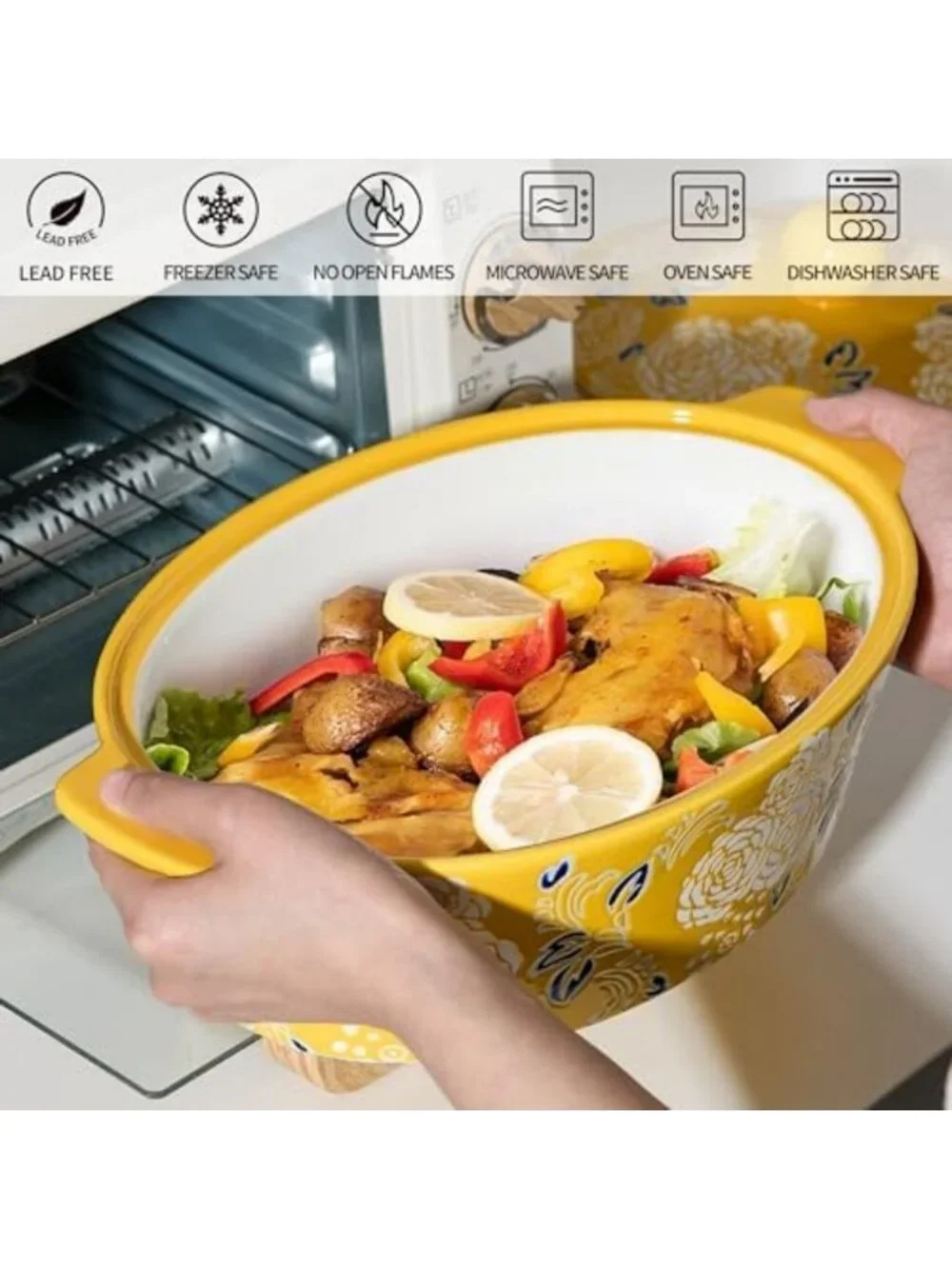 Yellow Ceramic Casserole Dish with Lid - Oval Baking Pan for Lasagna & Bread